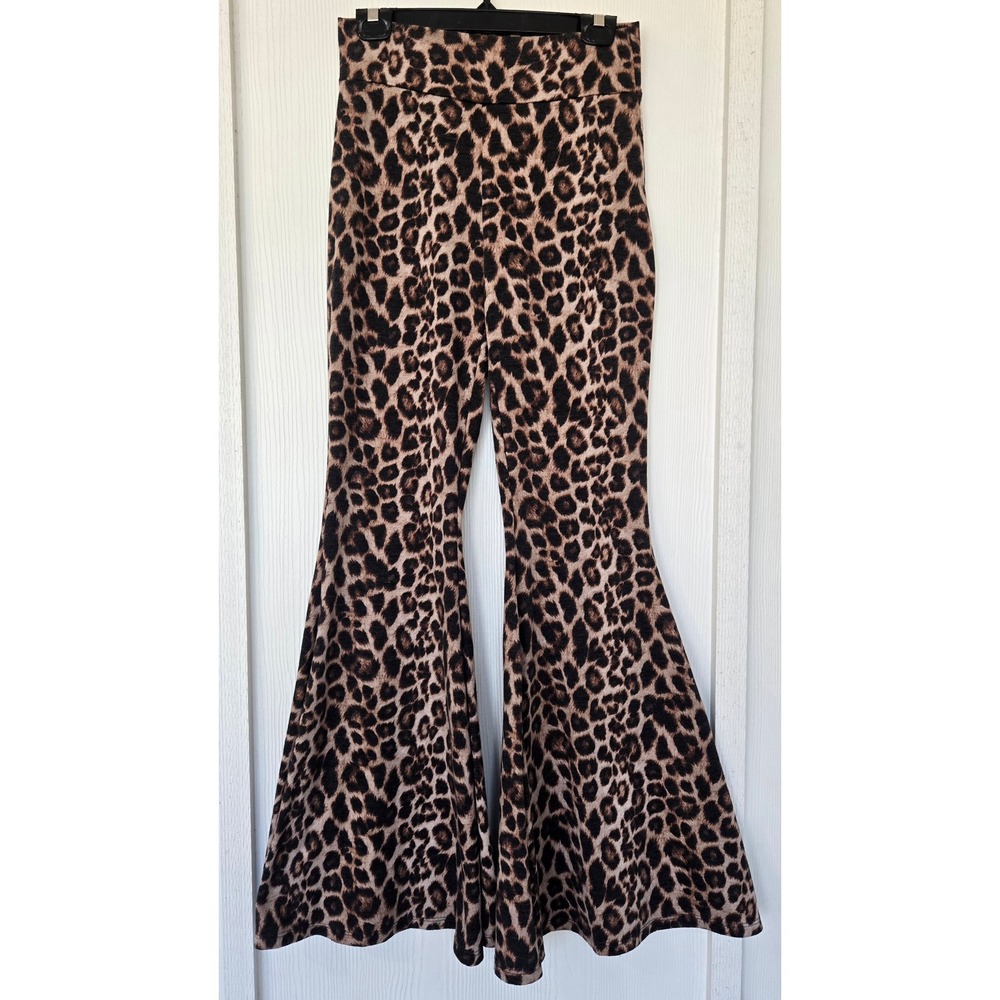 Leopard Print Bell Bottom Flare Pants Size M Hippie Festival Maximalist Indie